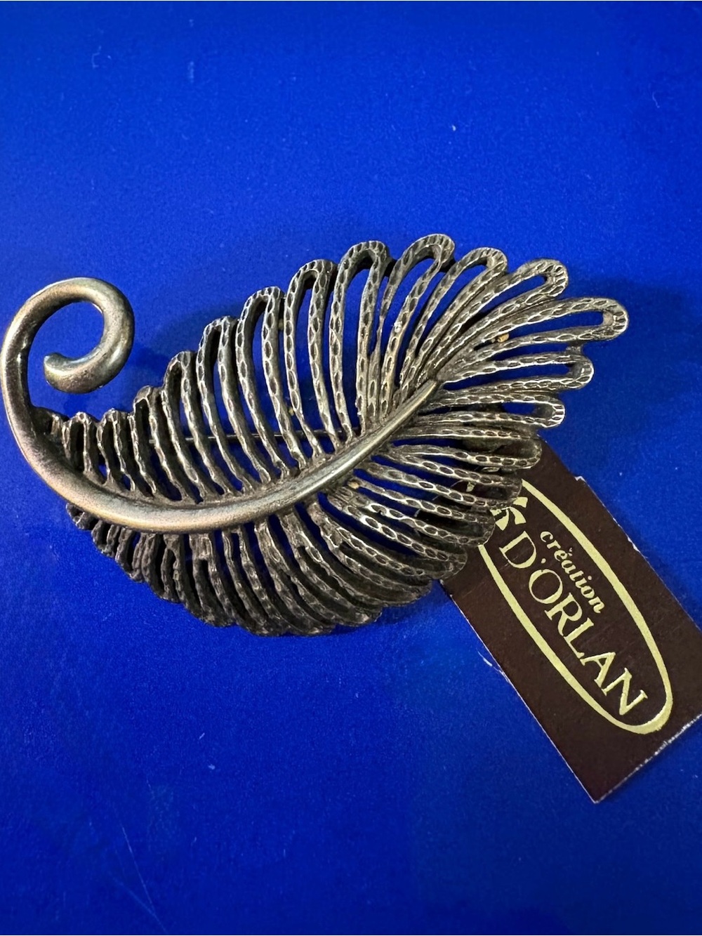 D'Orlan Vintage Decorative Metal Feather Brooch - Antique Silver, New old Stock